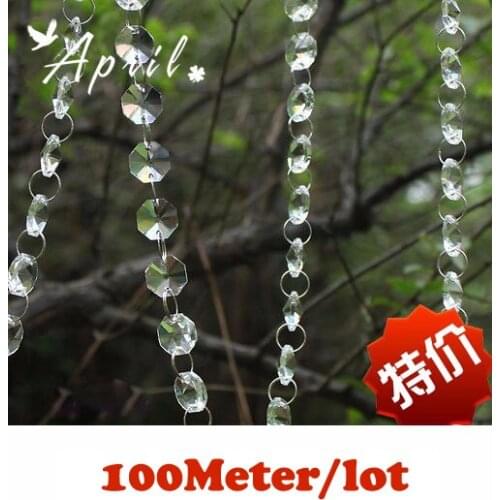 100M/Lot,Fast Delivery Free Shipping 14MM Acrylic Octagonal Crystal Garlands / Strands, Clear Color, Wedding & Party Decor