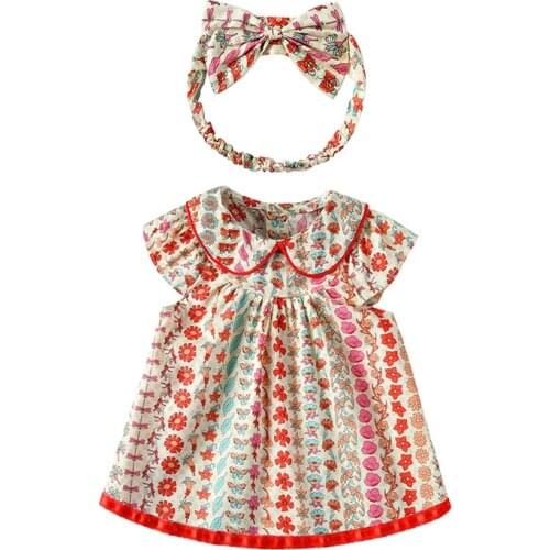2PCS/Set Summer Infant Dresses+Headband Flower Baby Girl Dress Kawaii Baby Clothing For Little Girl Cute China FLoral Dressed