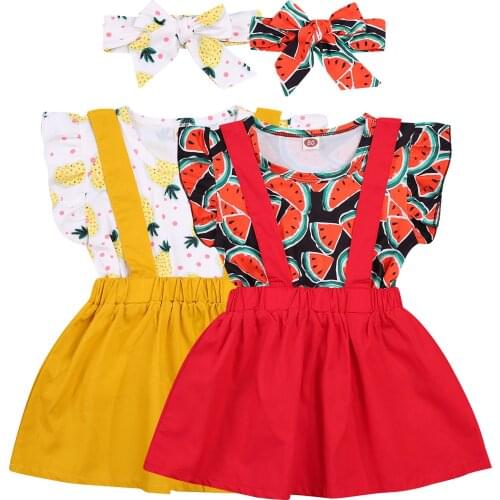 2021 Baby Short Sleeve + Suspender Skirt + Bow Headdress, Pineapple Print Sweet Style Summer Clothing