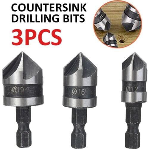 3Pcs 12mm 16mm 19mm 5 Flutes Drill Bit Hex Shank 90 Degree Countersink Drill Bit Set For Wood Metal Quick Change Drill Bit Tools