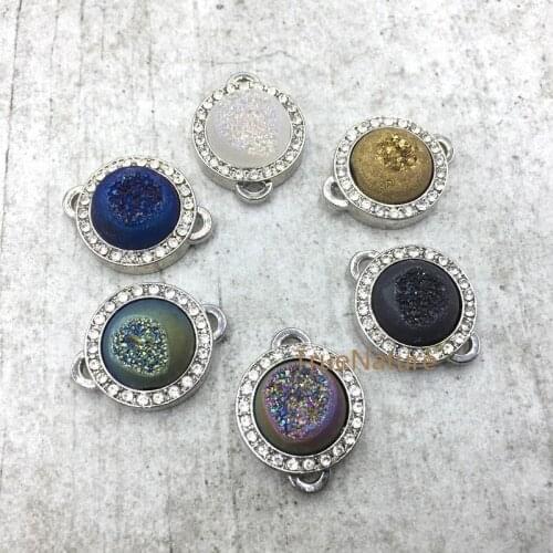 6 Colors Druzy Shimmer Round Pendants Titanium Electroplated Druzy Connector With Pave Accent In 27*21mm PM4806