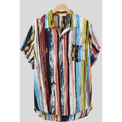 65# New Fashion High Quality Men Luxury Stylish Mens Multi Color Lump Chest Pocket Short Sleeve Round Hem Loose Shirts Blouse