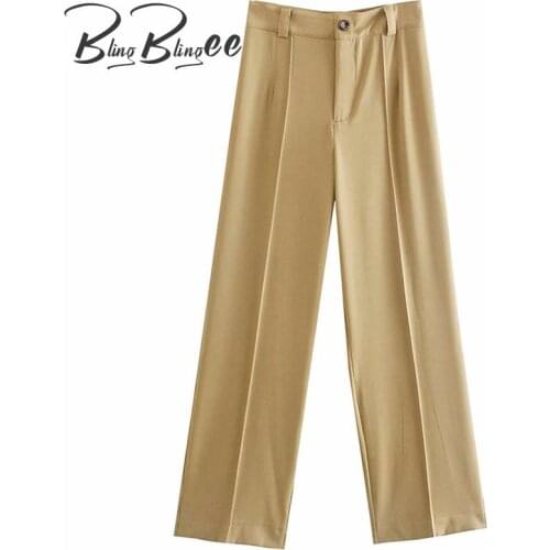BlingBlingee Za 2021 Autumn Woman Traf Trousers Button Front High Waist Straight Leg Casual Ankle Pants Female Career Pants
