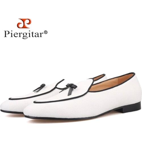 Piergitar brand 2019 Handmade white colors cotton canvas men loafers Fashion party and wedding men leather tie shoes plus size