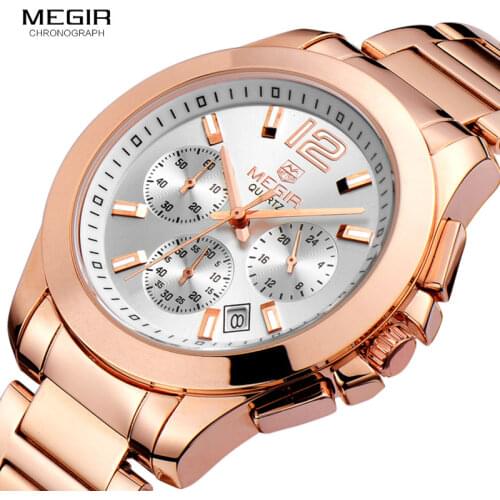 MEGIR Mens Steel Chronograph Quartz Wrist Watches Waterproof 24 Hours Display Business Dress Stop Watches for Man 5006G-7N0