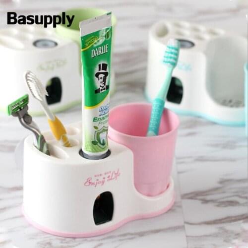 Basupply 1pc 2018 New Creative Sucker Toothbrush Holder Automatic Squeeze Toothpaste With Cup Family Bathroom Accessories