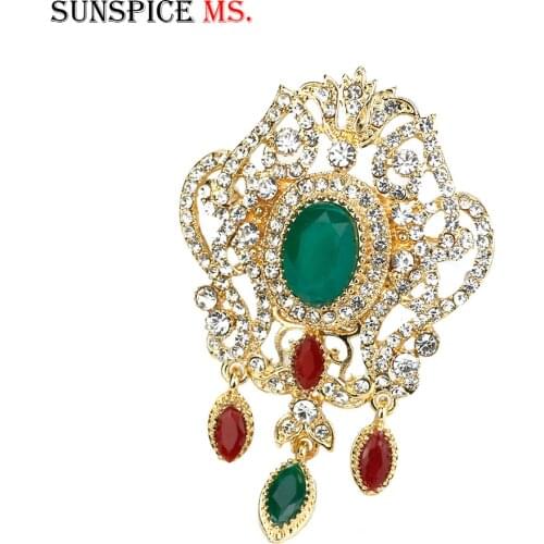 Neovisson Gold Color Algerian Crystal Brooch Pins Red Green Rhinestone Ethnic Wedding Jewelry