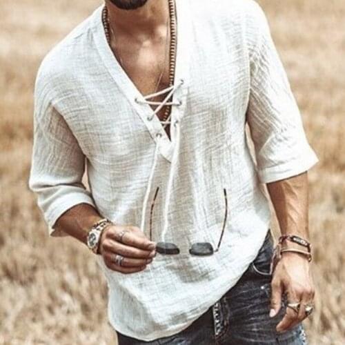 Clothing For Men T-shirt Fashionable Linen Summer Top Long Sleeves Men Casual Sport Printed Lace Up Blouse Top Mujer 7XL