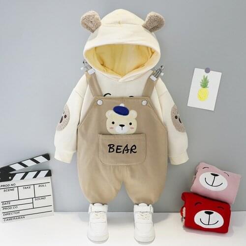 Cartoon Bear 2-piece Set Girl Clothes Outfits Cute Hooded Plus Velvet Thick Long-sleeved + Suspenders Kids Boutique Outfits