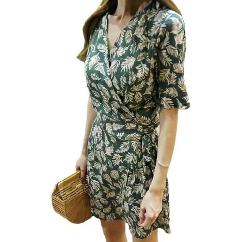 Summer Green Beach Dresses Leaves Print Chiffon Vneck Short Sleeve Boho Womens Dress Sexy Patry Offic Ladies Aline Midi Sundress