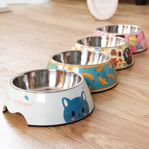 MC Star Stainless Steel Pet Dog Bowl Cartoon Print Food Feeder Double Melamine Cat Basin Bowl Summer Pet Feed Drinking Water Pot