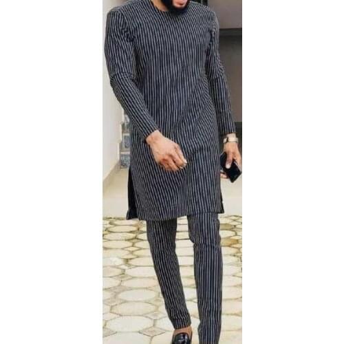 African Fashion Black And White Stripes Denim Mens Pant Sets O-neck Top And Trouser Senator Style Mens Outfits Dashiki Wear