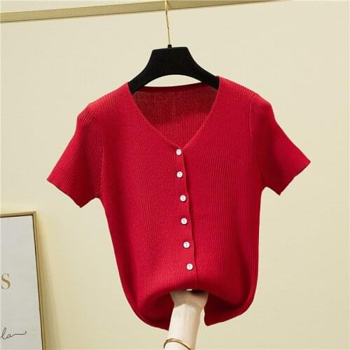 2021Fashion The New Cardigan V-neck short-sleeved sweater bottoming shirt womens loose thin pullover summer Short