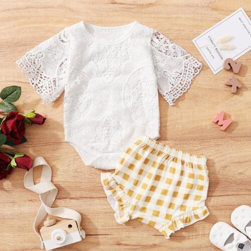 0-18M Cute Infant Baby Girl Clothes Flower Lace Short Sleeve White Top Romper+Plaid Print High Waist Shorts Summer 2pcs