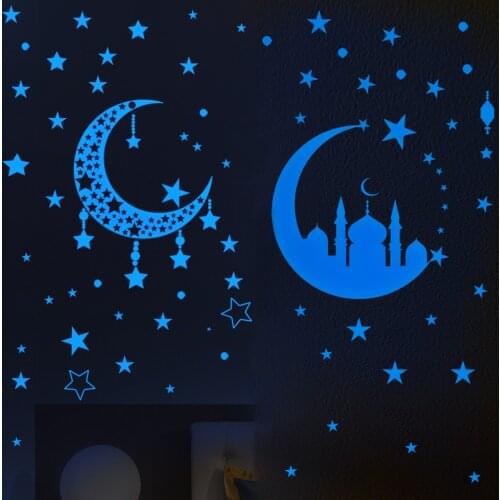 Wall Stickers Home Childrens Bedroom Kids Room Decoration Moon Stars Luminous Blue Fluorescent Crescent Ceiling DIY Glow Decals