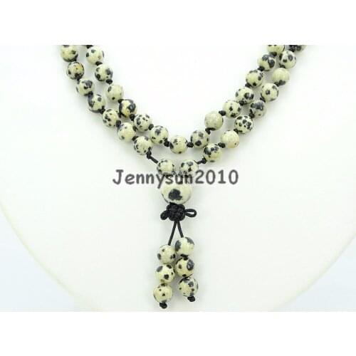 Natural Dalmation Spot 6mm Gems Stone Buddhist 108 Beads Prayer Mala Knot Necklace Multi-Purpose 5Strands/Pack