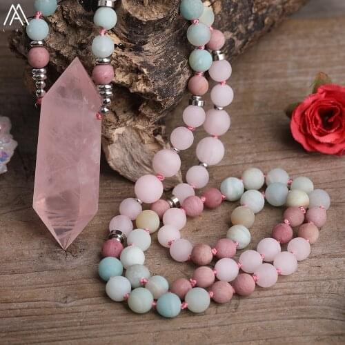 Natural Pink Quartz Double Stick Point Pendant 8mm Matted Amazonite Roses Quartz Round Beads Cord Knotted Mala Necklace Jewelry