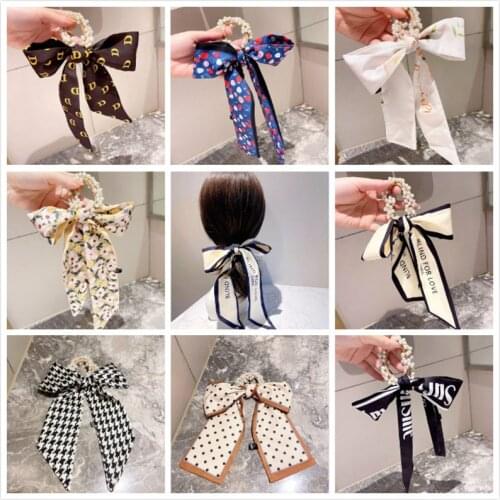 Floral Print Dot Ribbon Hair Scrunchies for Women Satin Elastic Hair Bands Hair Ring Ponytail Hair Ties Korean Hair Accessories