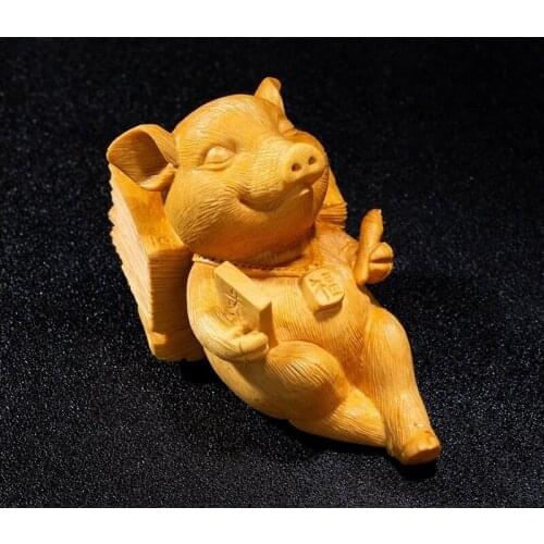 Boxwood 5cm 11cm Pig Sculpture Wood Diligent Piggy Animal Statue Lucky Home Decor