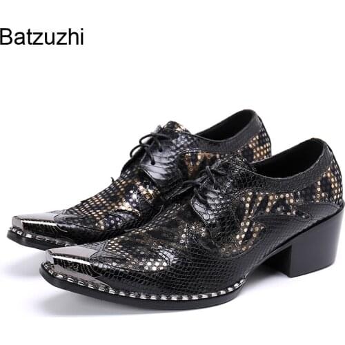 Batzuzhi 6.5cm High Heel Mens Shoes Pointed Iron Toe Leather Dress Shoes Men Lace-up Black Formal Business/Party Shoes Footwear