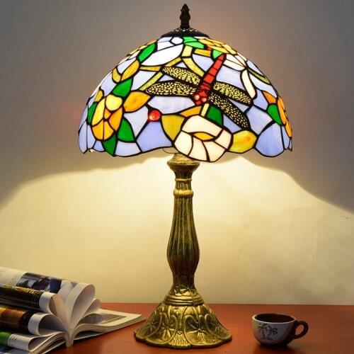 Creative Retro Pastoral Tiffany Stained Glass Dragonfly Rose Bedroom Bedside Table Lamp Diameter 30CM, E27 AC110V 240V