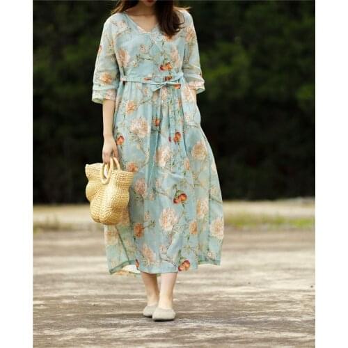 Preppy Blue Flowers Print V Neck Half Sleeve String Waisted Pure Ramie Dress, Summer Street Fashion Thin Elegant Young Lady Robe