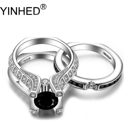YINHED Fashion 18KRGP Stamp Gold Filled Rings Black Cubic Zircon couple Rings Set Wedding Jewelry Accessories For Women ZYG026