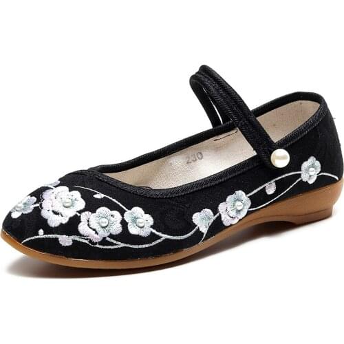 YourSeason Pearls Ladies Jacquard Cotton Flat Shoes Pointy Toe Comfort Women Chinese Embroidered Fabric Ballet Flats