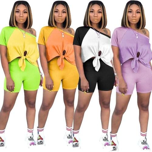 S-XL summer women clothing fashion 2021 Stitching color short sleeve top and shorts two piece set Wholesale Dropshipping