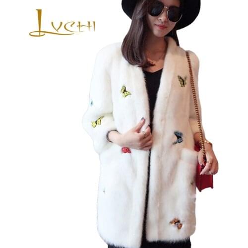 LVCHI 2019 Spring Real Mink Coat Women Fashion Butterfly Print European Star Special Sleeve New Natural Full Mink Fur Coat