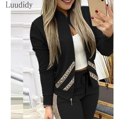 Women Glitter Sequin Patchwork Zipper Design Coat Jacket & Drawstring Pants Sets