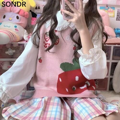 Japanese Kawaii Strawberry Sweater Vest Women Vintage O-Neck Sleeveless Knitted Pullover Top Loose Cute Soft Girl Pink Knit Vest