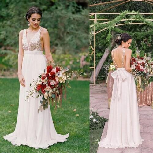 Elegant Simple Cheap Summer Deep V Neck Long Champagne Sequin Women Wedding Guest Dress Evening Dresses