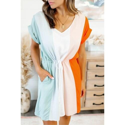 Color Block Tie Waist Rolled Short Sleeve Mini Dress with Pocket for Women