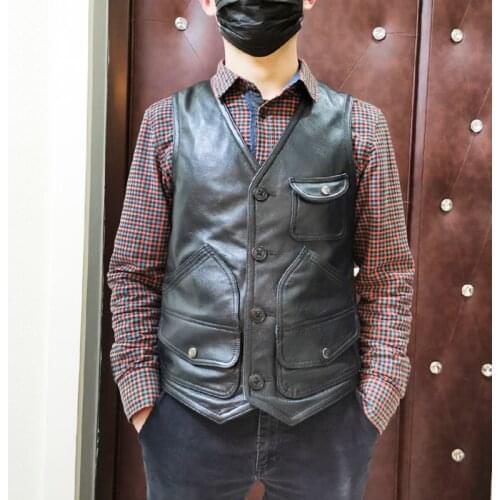Mens Real Vest Vintage Genuine Leather Cowhide Motorcycle Biker Vests Multi Pocket Casual Sleeveless Jackets Waistcoat