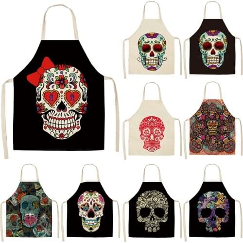 1Pcs Skull Pattern Kitchen Apron 53*65cm for Cooking Sleeveless Cotton Linen Aprons Adult Bibs Home Cleaning Accessories 46303