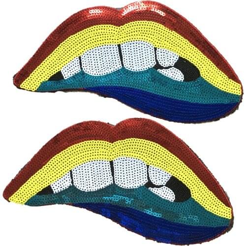 2PCS/lot Colorful Lips Sequined Iron on Patches for Clothes Backpacks DIY Decoration Large Mouth Sequins Patch Appliques