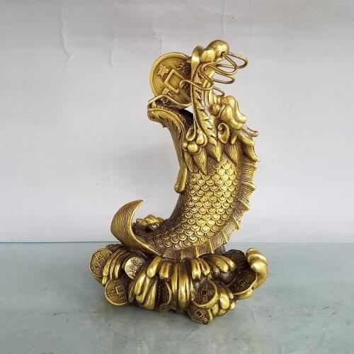 7" Chinese Seikos Brass Dragon head fish statue Chinese dragon spit coins Dragon head fish tail Implication Lucky fortune