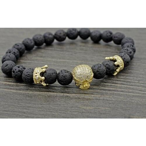 8mm ny5434 silver gold Crown skull adjusted black volcanic lava micro pave cz zircon cubic zirconia Bracelet essential oils
