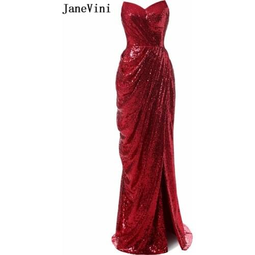 JaneVini Sparkly Red Sequins Long Bridesmaid Dresses for Wedding Guest Sexy Side Split Strapless Mermaid Party Prom Dresses 2018