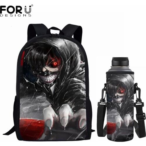 FORUDESIGNS Japanese Anime Tokyo Ghoul Prints Large Capacity Student Backpacks Set Boys Portable Water Bottle Cover Bags Daypack