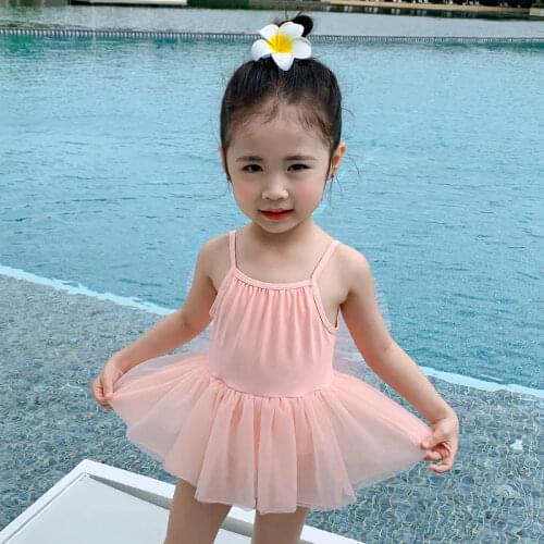 Little Girls One Piece Swimsuit Children Solid Swimwear Suspender Gauze Skirt Cute Bow Sun Block Summer Ruffled Swimming Suit