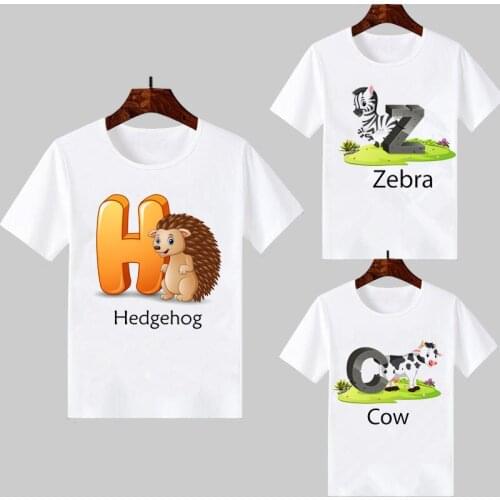 Children Funny Graphic T Shirts Cute Alphabet Horse/Tiger/Turtle/Bear/Cow/Elephant/Zebra/Giraffe Animal Print Boy Girl T-Shirt