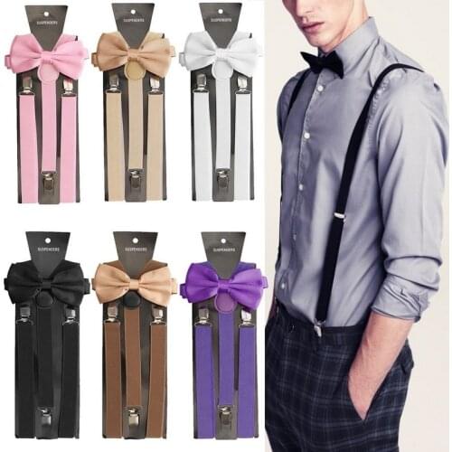 Adults Child Elegant Solid Color Clip-on Elastic Suspenders Y-Shape Adjustable Braces with Bow Tie