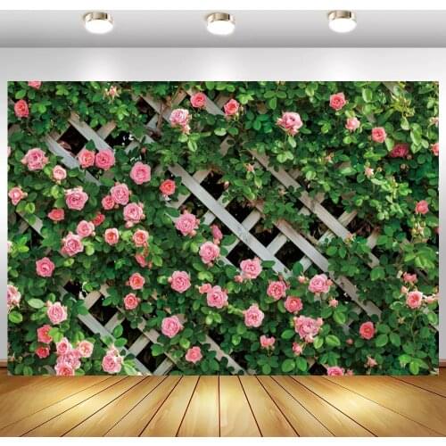 Rose Flowers Green Leaves Wooden Fence Newborn Baby Shower Photo Background Wedding Couples Portrait Backdrop Photography