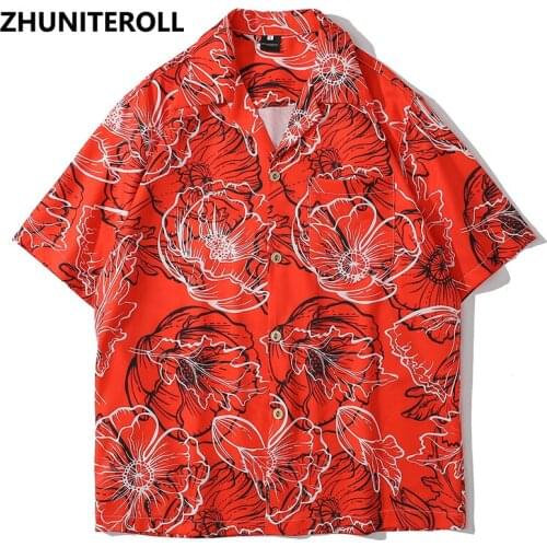 Striped Flowers Print Summer Harajuku Hawaiian Blouse Hip Hop Streetwear Short Sleeve Vintage Shirts Fashion Casual Men Tops