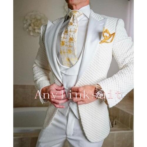 Hot Sell Ivory Circle Pattern Groom TuxedosPeak Lapel Mens Wedding Party Dinner Prom Suits (Jacket+Pants+Vest+Tie) NO:1478