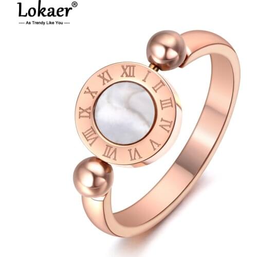 Lokaer Trendy Rotatable White/Black Shell Roman Numeral Wedding Rings For Men Women Titanium Stainless Steel Ring Jewelry R19061