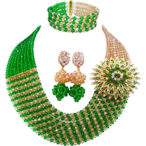 Fashion Green Champagne Gold AB African Necklace Jewelry Set Crystal Beads Jewelry Sets 8JBK08