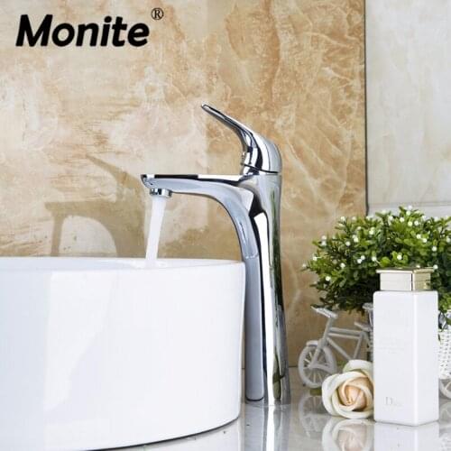 Monite Solid Brass Counter Top Bathroom Chrome Polish Deck Mounted 1 Hole 1 Handle Lavatory Wash Basin Sink Faucet Mixer Taps